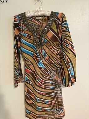 Caravan Olive Multi-Color Beaded V-Neck Swim Coverup